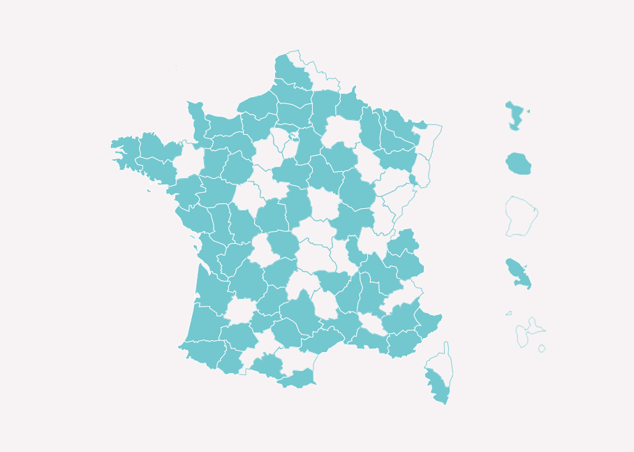 Répartition des associations France Alzheimer sur la France Métropolitaine et les DOM-TOM, source francealzheimer.org